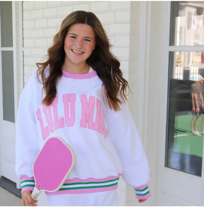 Adult Lulu Mac Sweatshirt Social White with Pink Embroidery