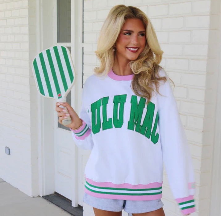 Adult Lulu Mac Sweatshirt Social White with Green Embroidery