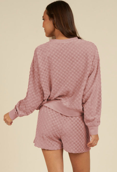 Pink Textured Long Sleeve Top & Shorts 2 Piece Set.  Checkered Pattern.