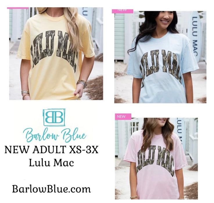 ADULT Lulu Mac Bottomland Camo Tees on Comfort Colors.  XS-3x.