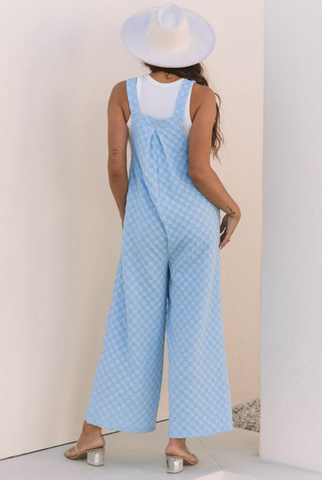 Blue Checkered Textured Overalls.  High Waist with Wide Legs.