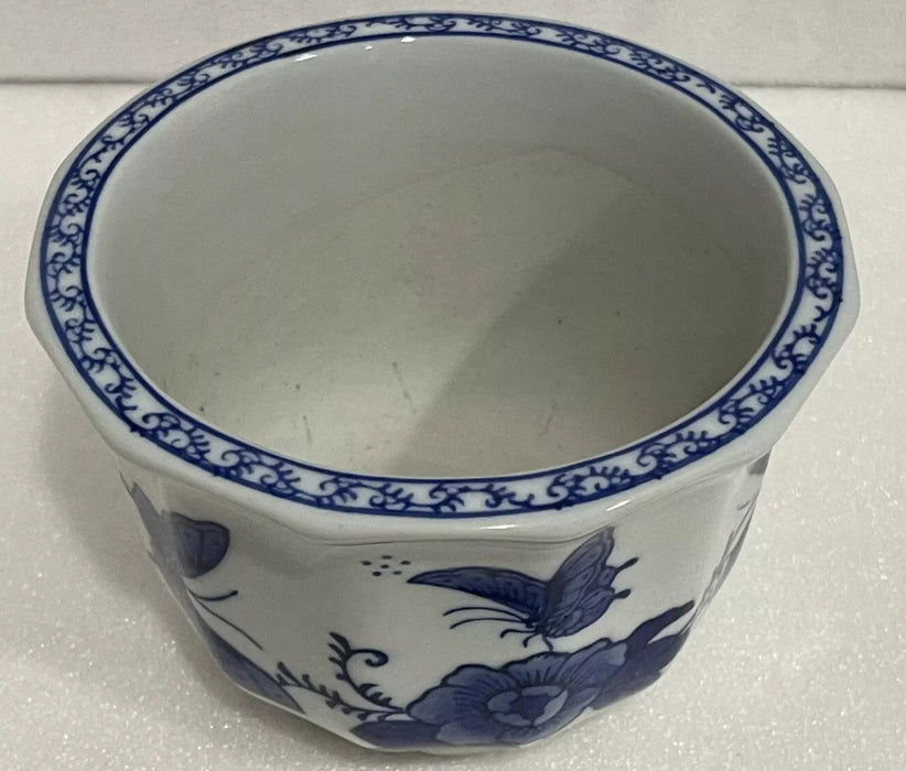 Vintage Chinese Export Blue & White Flower Pot Hand Painted.  Butterfly Pattern