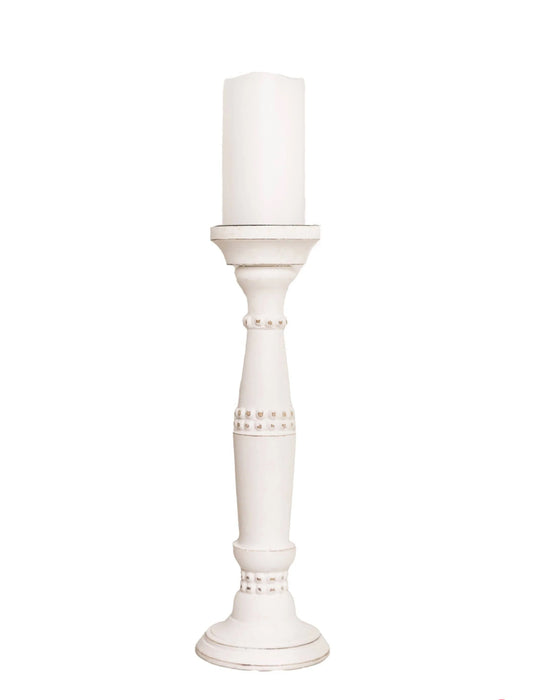 Whitewash Wood Candlestick with Beaded Detail by Mary Square.  16” x 4”