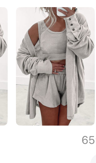 3 Piece Shorts Lounge Set with Cropped Tank and Button Up Long Sleeve Top.  Available in Black, Pink & Grey.