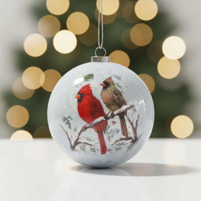 3" Yuletide Cardinal Paper Mache Round Ornaments- 3 Styles!