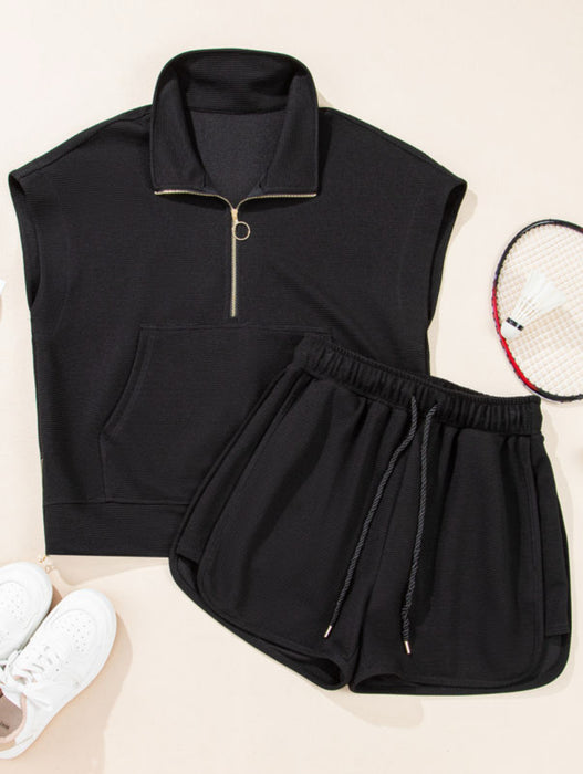 Half Zip Knit Short Set with Gold Zipper.  2 Piece Set Available in Black & Beige.