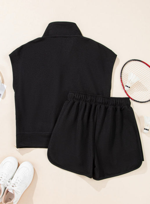 Half Zip Knit Short Set with Gold Zipper.  2 Piece Set Available in Black & Beige.