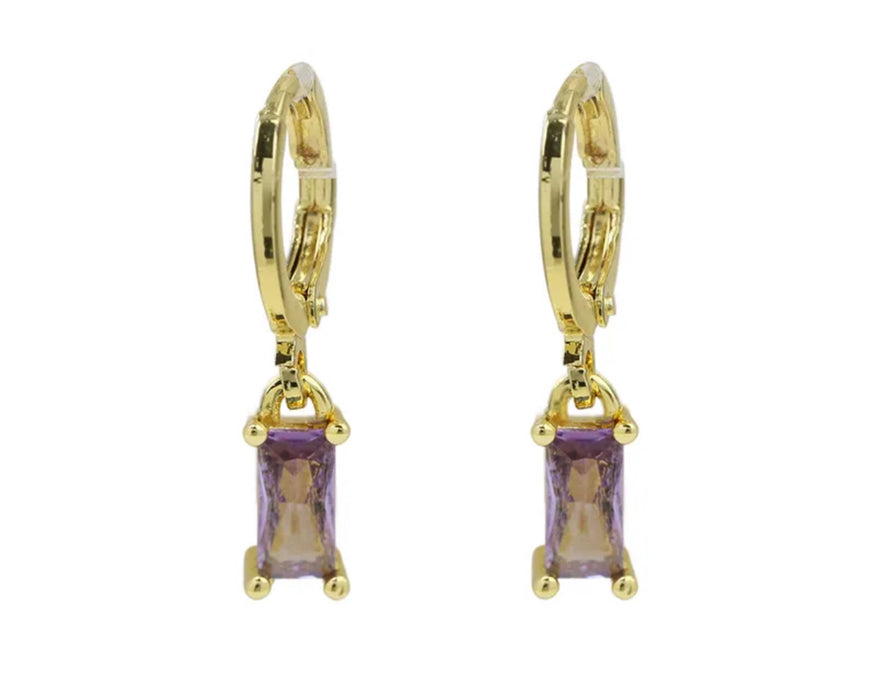 Gold Birthstone Huggie Hoop Earrings with Rectangle Stones