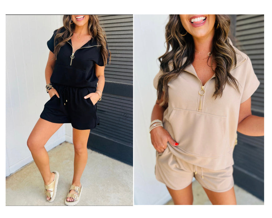 Half Zip Knit Short Set with Gold Zipper.  2 Piece Set Available in Black & Beige.