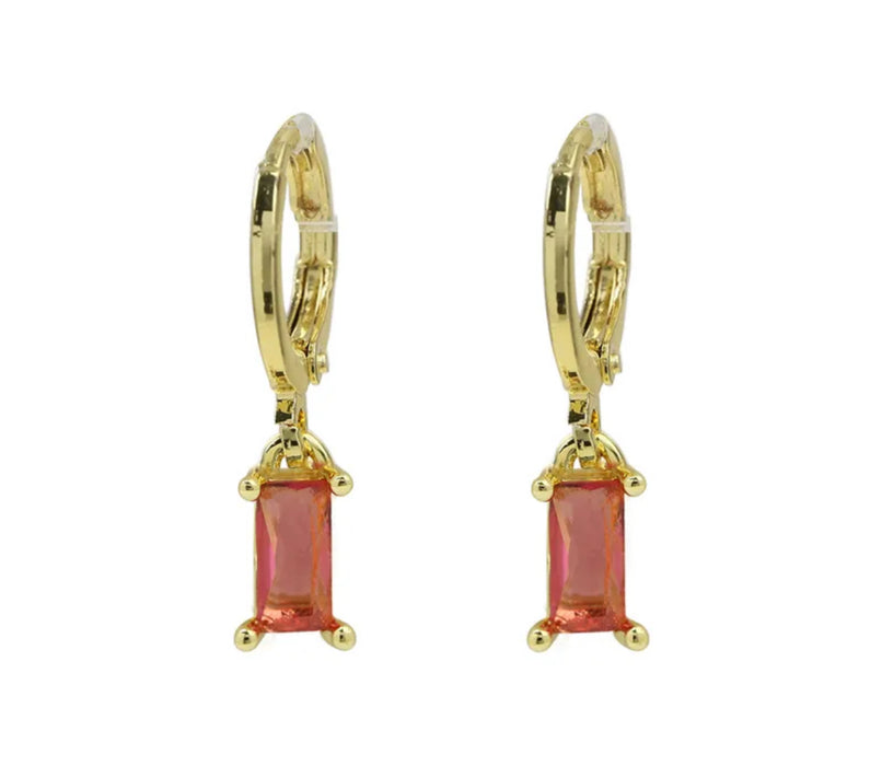 Gold Birthstone Huggie Hoop Earrings with Rectangle Stones