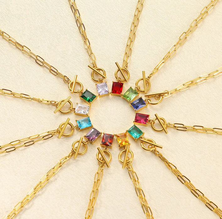 Large Emerald Cut Birthstone Necklace with Paperclip Chain and Toggle Clasp.  18” Long.