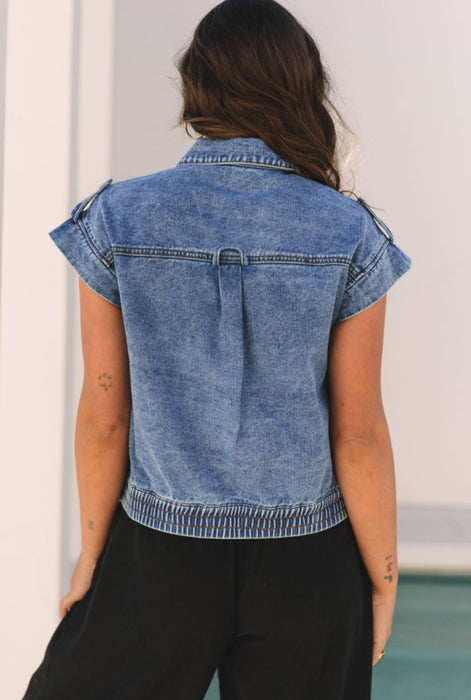 Acid Wash Denim Short Sleeve Jacket Vest