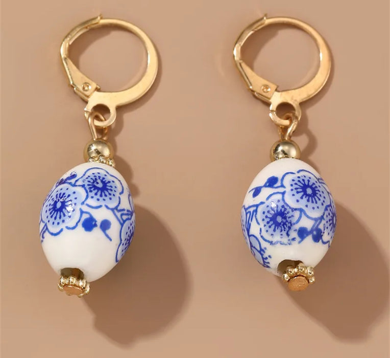 Oblong Blue & White Porcelain Bead Drop Earrings with Gold Accents