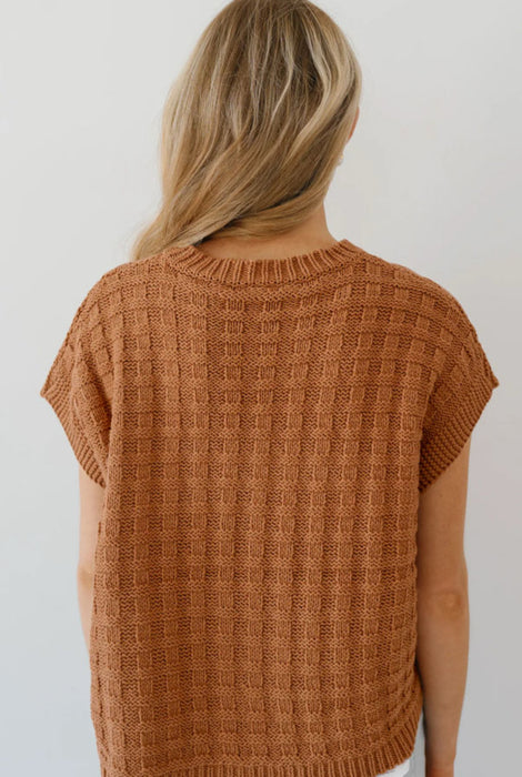 Rust Short Sleeve Sweater with Checkered Pattern