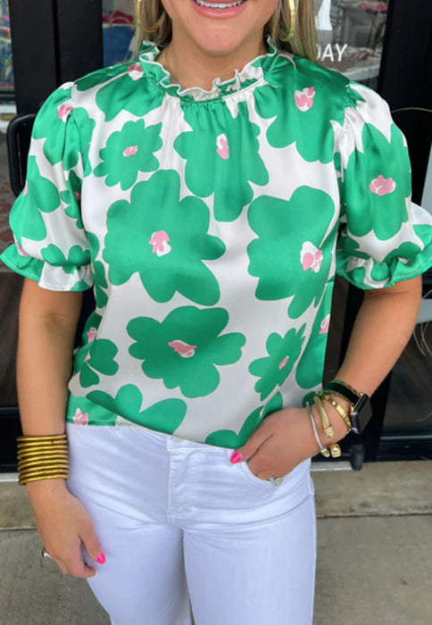 PREORDER Green Floral Satin Blouse.  AS-AXL. Allow 3 weeks to come in.  Get a 25% OFF discount for preordering!  Deadline to preorder is 2/16/25.