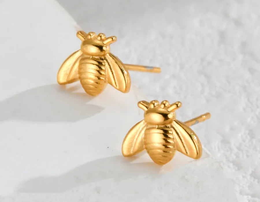 Small 18k Gold Plated Stainless Steel Waterproof Bee Earrings