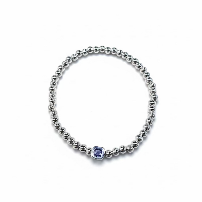The Confetti in Silver-  Beaded Bracelet with Square shaped Birthstone Charm
