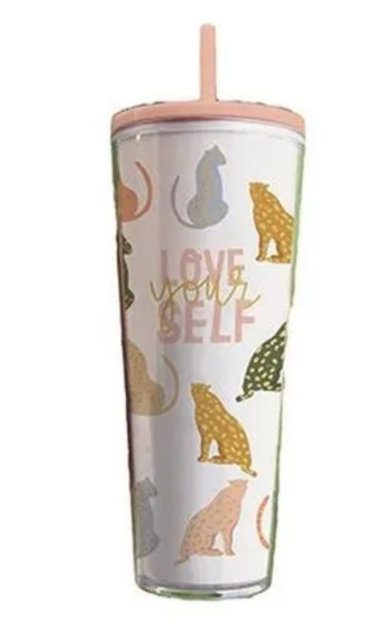 Love Yourself Leopard Tumbler with Straw