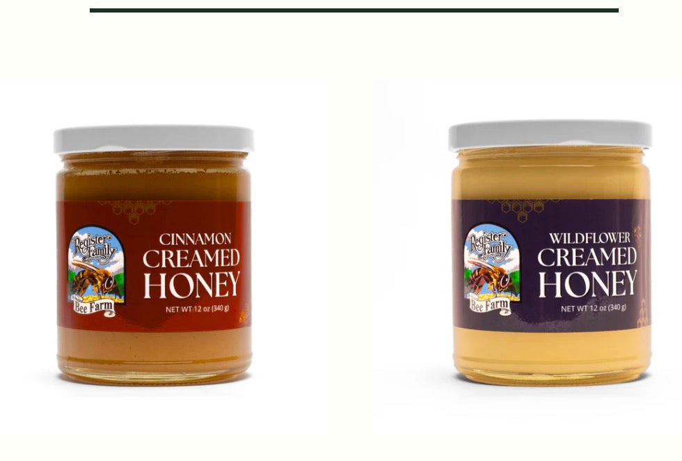 12oz Jar Creamed Honey.  Wildflower or Cinnamon Flavor