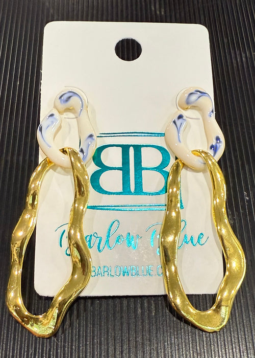 Golden Porcelain Twist Statement Earrings with Blue & White accents.  2 Styles