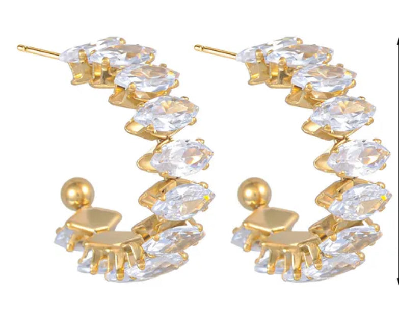 Stainless Steel Waterproof Gold CZ Marquis Hoop Earrings