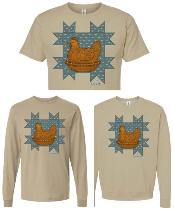 Hen on Nest Quilt Patch .  Graphic Tee or Sweatshirt.  Vintage Thrifting Vibes.