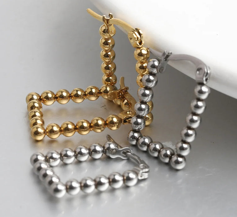 Beaded Rectangle Hoop Earrings.  Available in Gold & Silver.