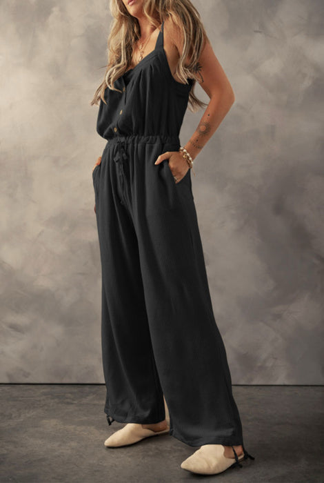 PREORDER Black Textured Drawstring Jumpsuit.  AS-AXL. Allow 3 weeks to come in.  Get a 25% OFF discount for preordering!  Deadline to preorder is 2/16/25.