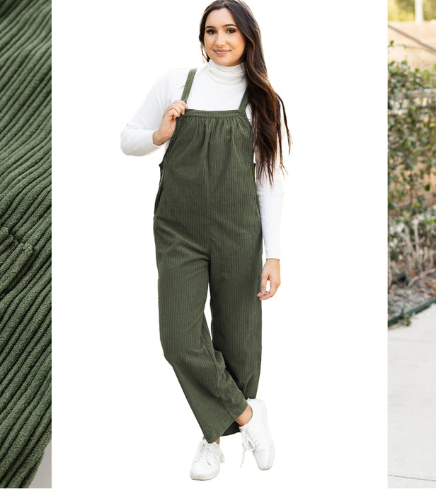Green Loose Fit Corduroy Overall with Pockets