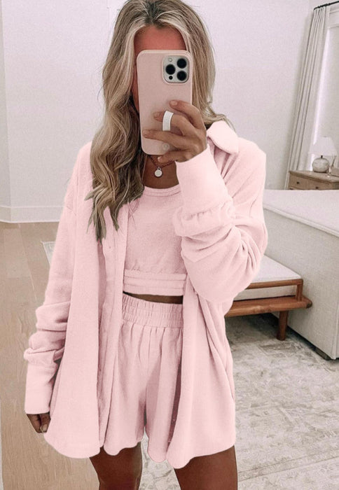 3 Piece Shorts Lounge Set with Cropped Tank and Button Up Long Sleeve Top.  Available in Black, Pink & Grey.