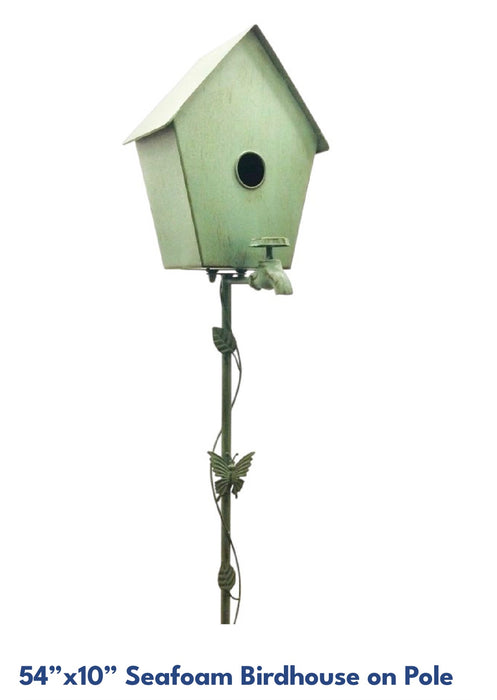 54”x10” Seafoam Birdhouse on Pole with Butterfly & Spigot.  Metal Yard Art ⚠️ Oversized Item.  Store Pick Up Only! No Shipping.