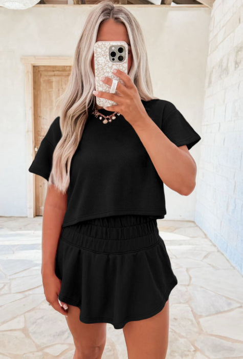 High Waisted 2 Piece Skort Set.  Available in Black, Cream, Pink & Tan Checkered.