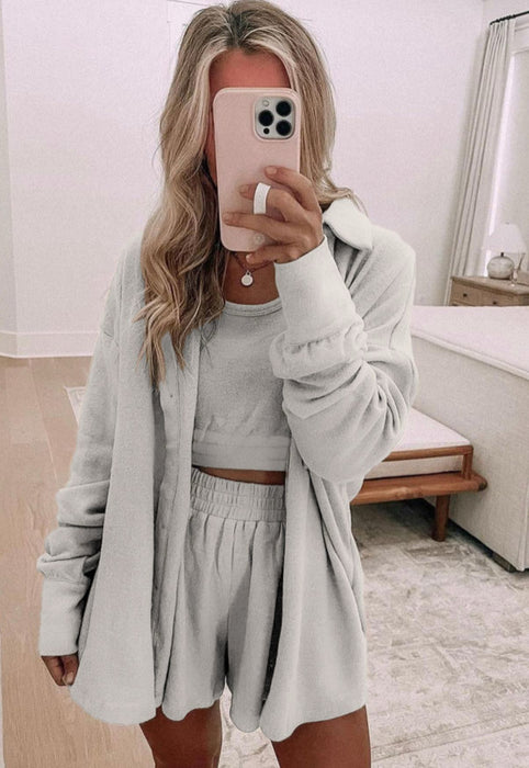 3 Piece Shorts Lounge Set with Cropped Tank and Button Up Long Sleeve Top.  Available in Black, Pink & Grey.