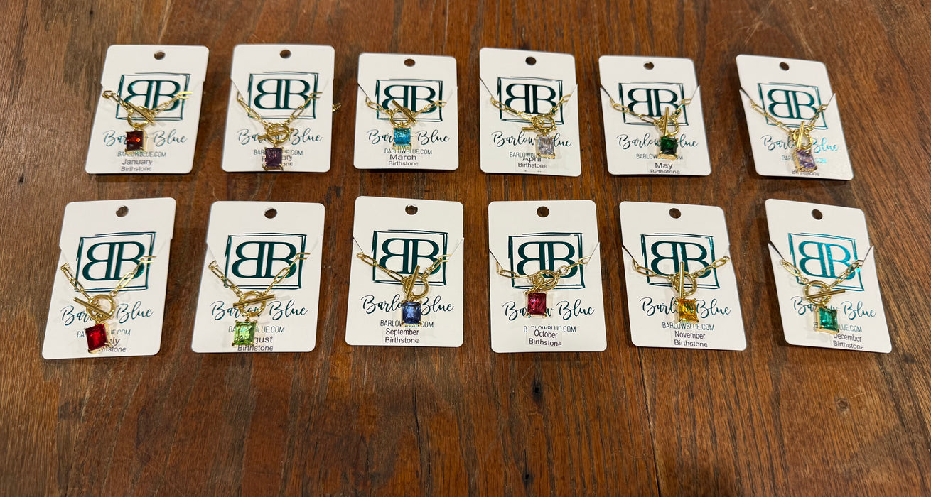 Large Emerald Cut Birthstone Necklace with Paperclip Chain and Toggle Clasp.  18” Long.