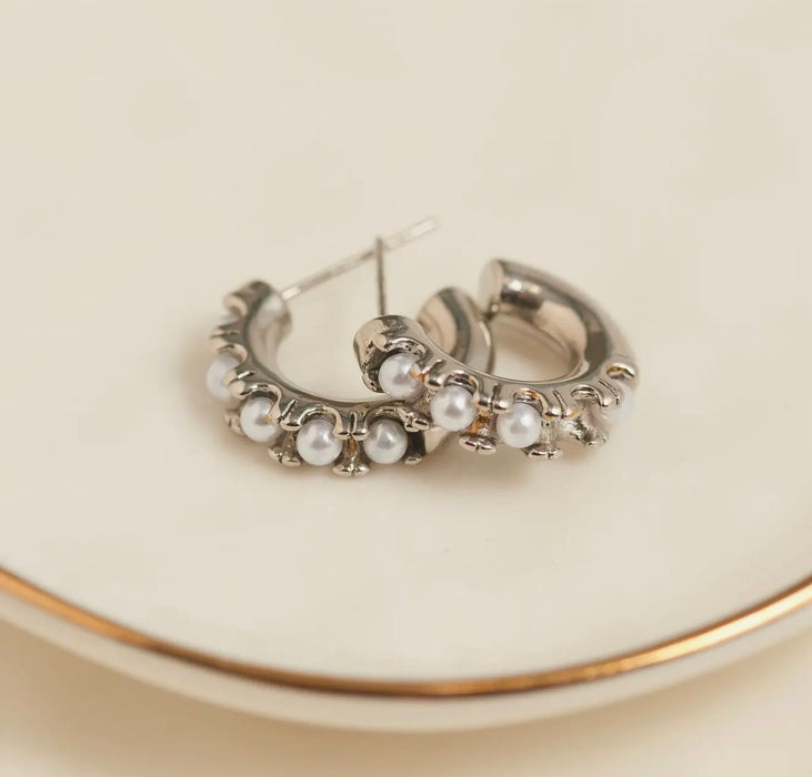 Narelle Waterproof Pearl C-Hoop Earrings - Silver