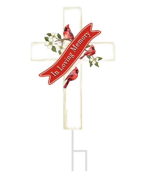 In Loving Memory Cross Stake w/Cardinals 24"x12"