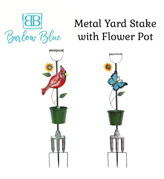 Cardinal or Butterfly Sunflower Metal Yard Stake with 6” Flower Pot.  40” Tall x 16” Wide ⚠️ Oversized Item.  Store Pick Up Only! No Shipping.