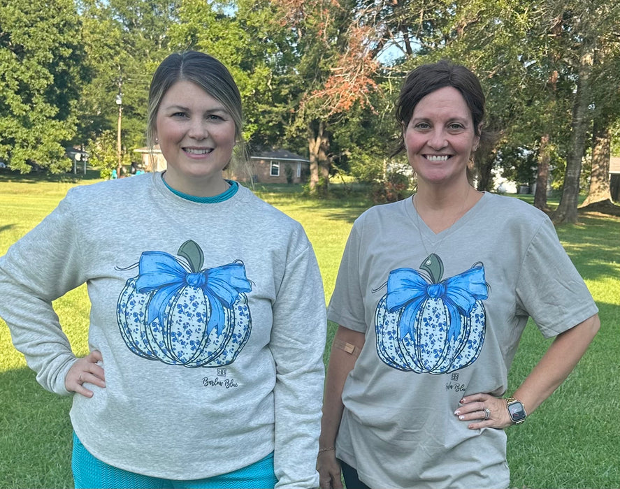 Floral Blue & White Pumpkin Tee or Sweatshirt. 2 colors Blue & Oatmeal.