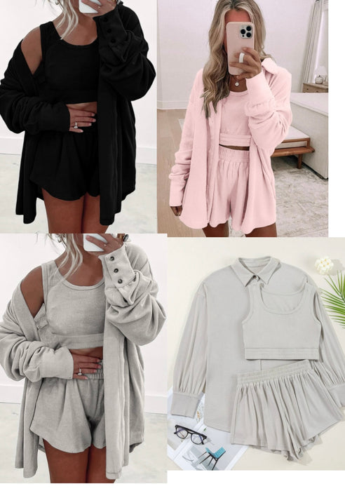 3 Piece Shorts Lounge Set with Cropped Tank and Button Up Long Sleeve Top.  Available in Black, Pink & Grey.