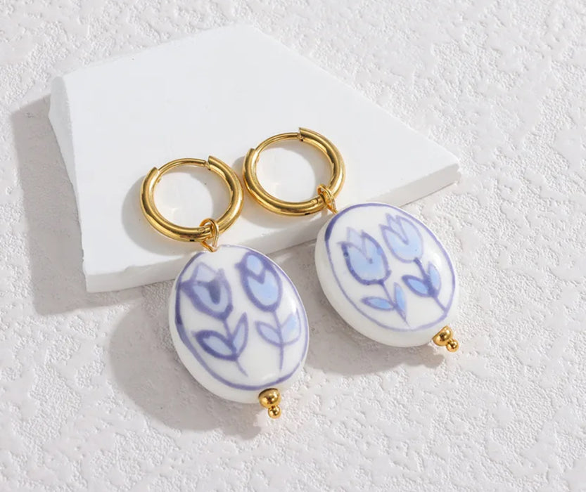 Floral Ceramic Bead Hoop Earrings – Blue or Black