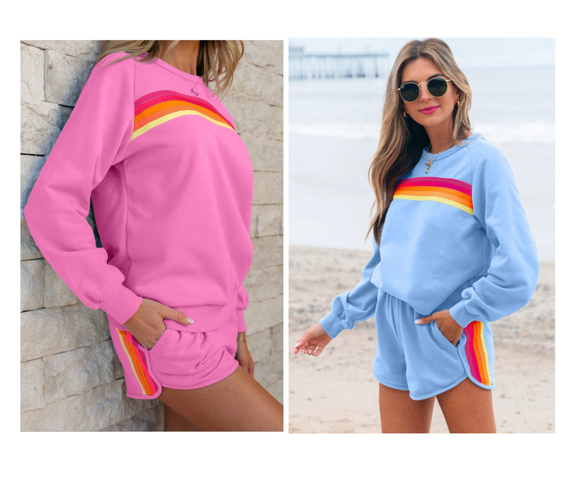 Striped Crew Neck Sweatshirt & Shorts Set.  Available in Pink & Blue.