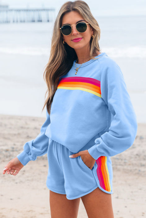 Striped Crew Neck Sweatshirt & Shorts Set.  Available in Pink & Blue.