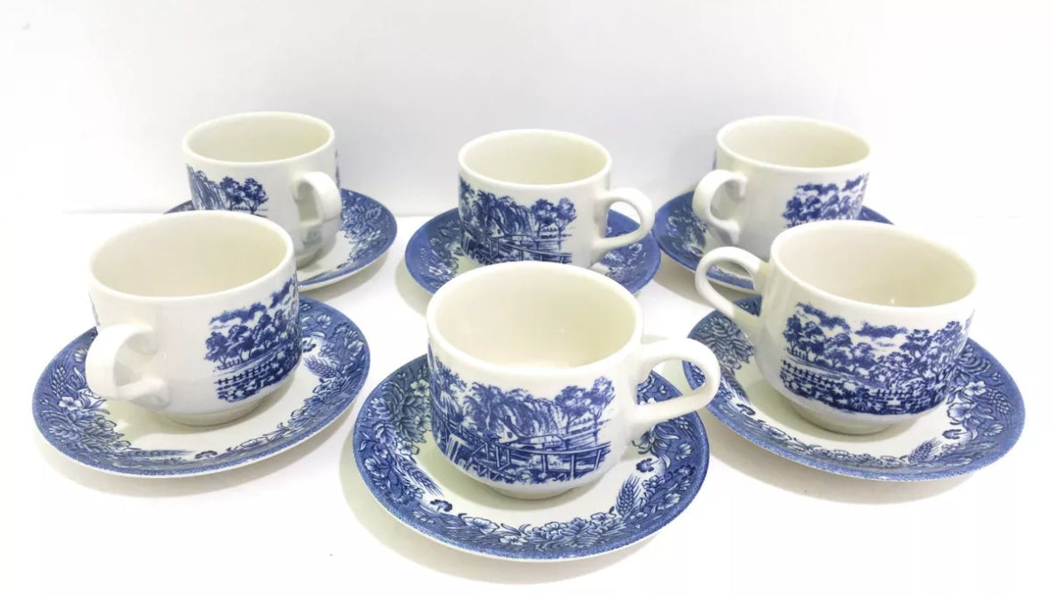 Churchill Currier & Ives Harvest Heritage Flat Cup & Saucer. Blue Willow. Sold Individually