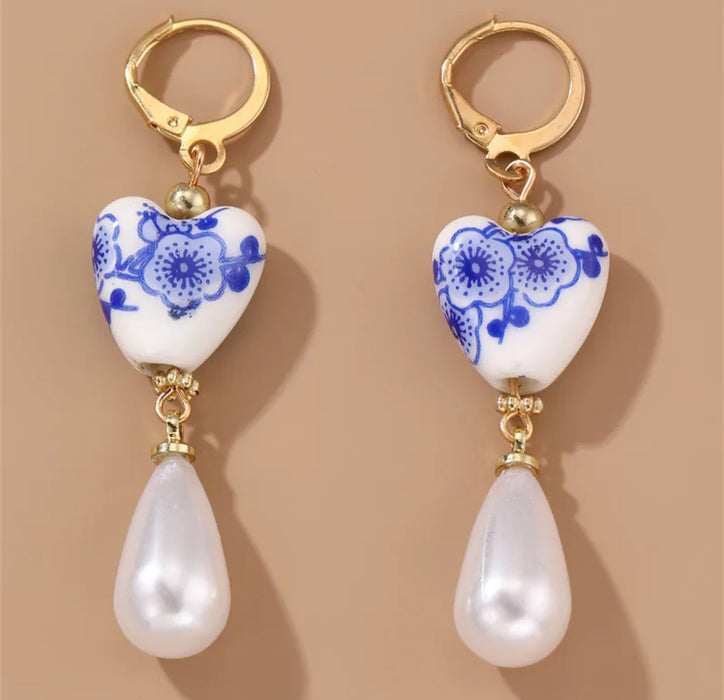 Blue & White Porcelain Heart Drop Earrings with Pearl Accent