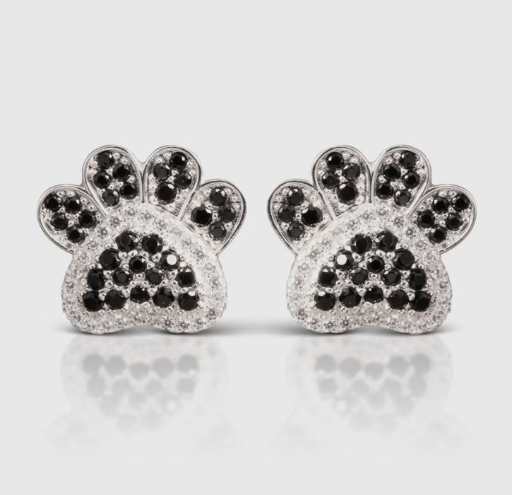 Silver/Black CZ Paw Print Earrings