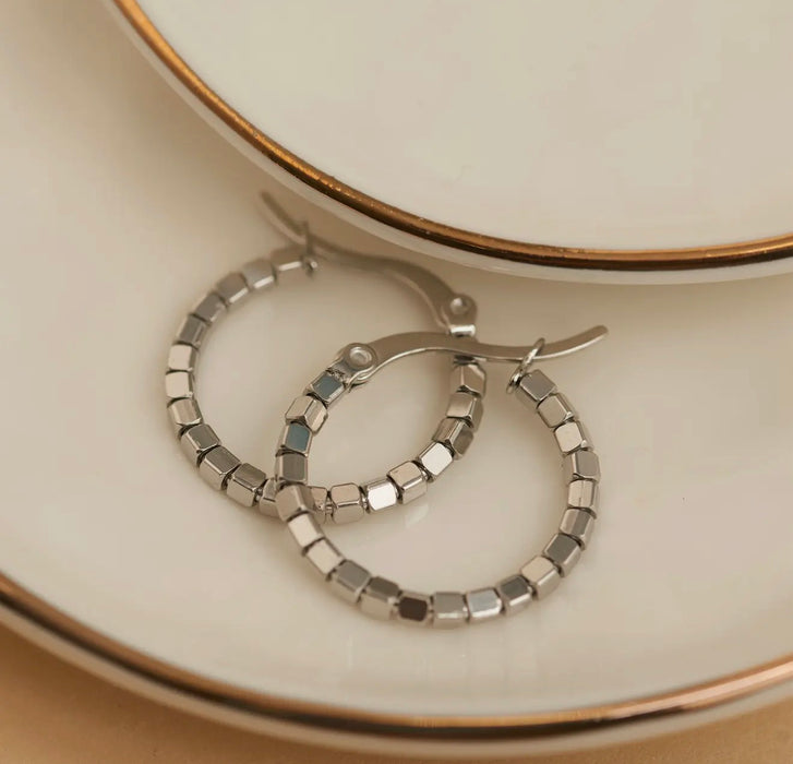 Narelle Waterproof Square Beaded Hoop Earrings - Silver