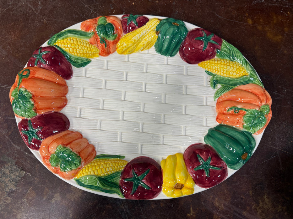 Vintage Platter.  Basket Weave Pattern Surrounded by Vegetables.