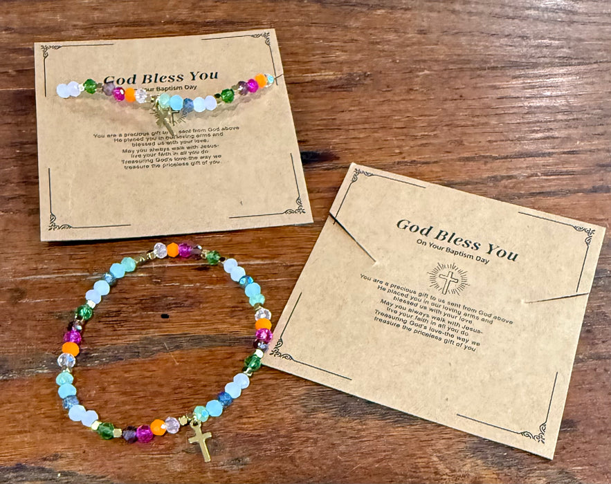 God Bless You On Your Baptism Day.  Bracelet on Card.