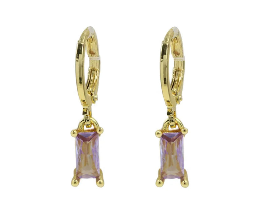 Gold Birthstone Huggie Hoop Earrings with Rectangle Stones
