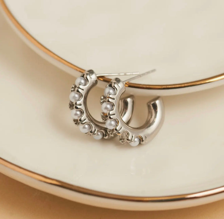 Narelle Waterproof Pearl C-Hoop Earrings - Silver